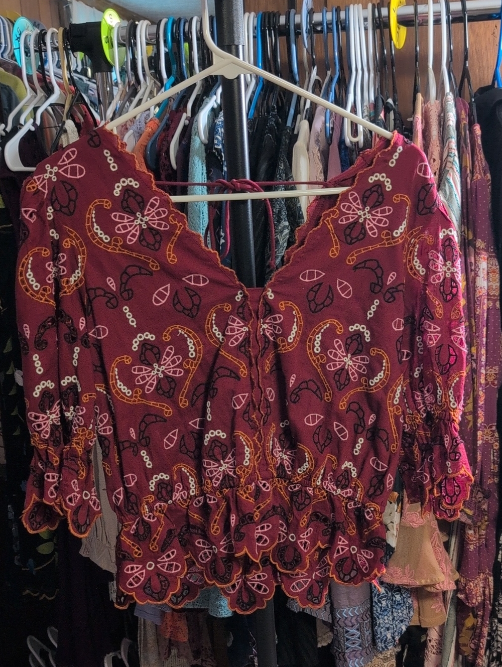 Anthropologie Burgundy Floral Boho Embroidered Peasant Blouse